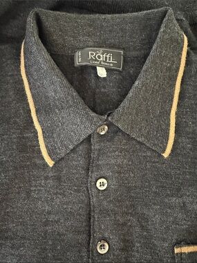VTG Raffi Charcoal/ Dark Gray Polo Sweater with Tan Trim, Wool Blend, L